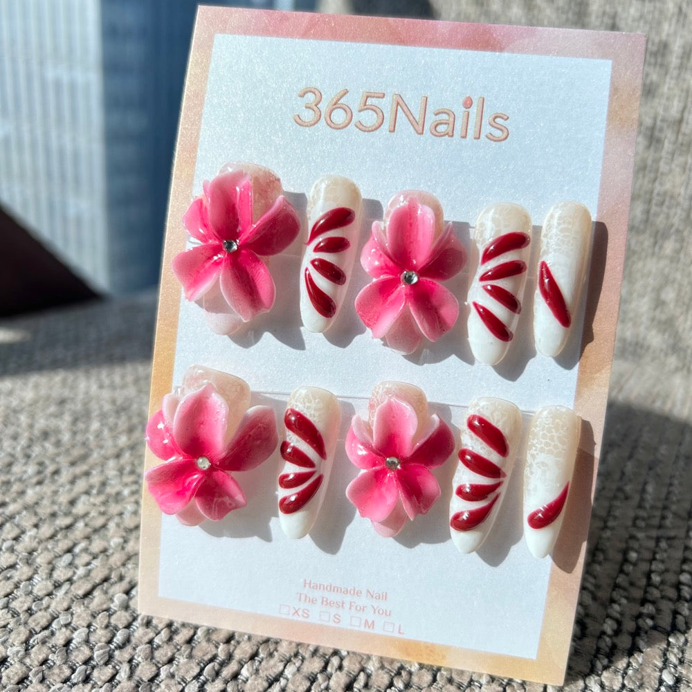 Sculpted Flora: "Crimson Petal & Pink Bloom" – 3D Pink Flowers & Deep Red Petals on Textured White Coffin Nails