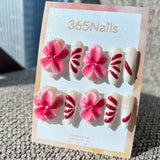 Sculpted Flora: "Crimson Petal & Pink Bloom" – 3D Pink Flowers & Deep Red Petals on Textured White Coffin Nails