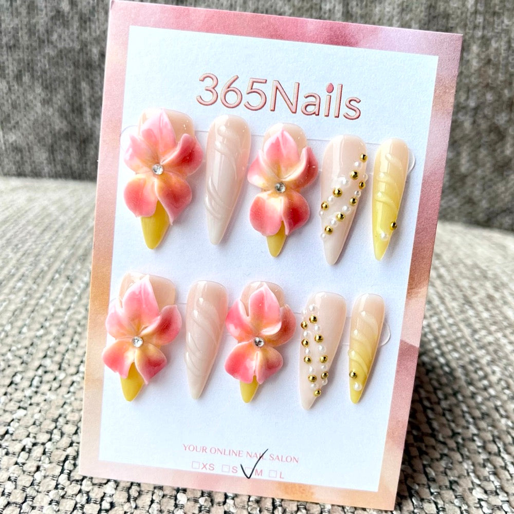 365nails: "열대 석양" – 수제 3D 꽃 장식 스틸레토형 네일