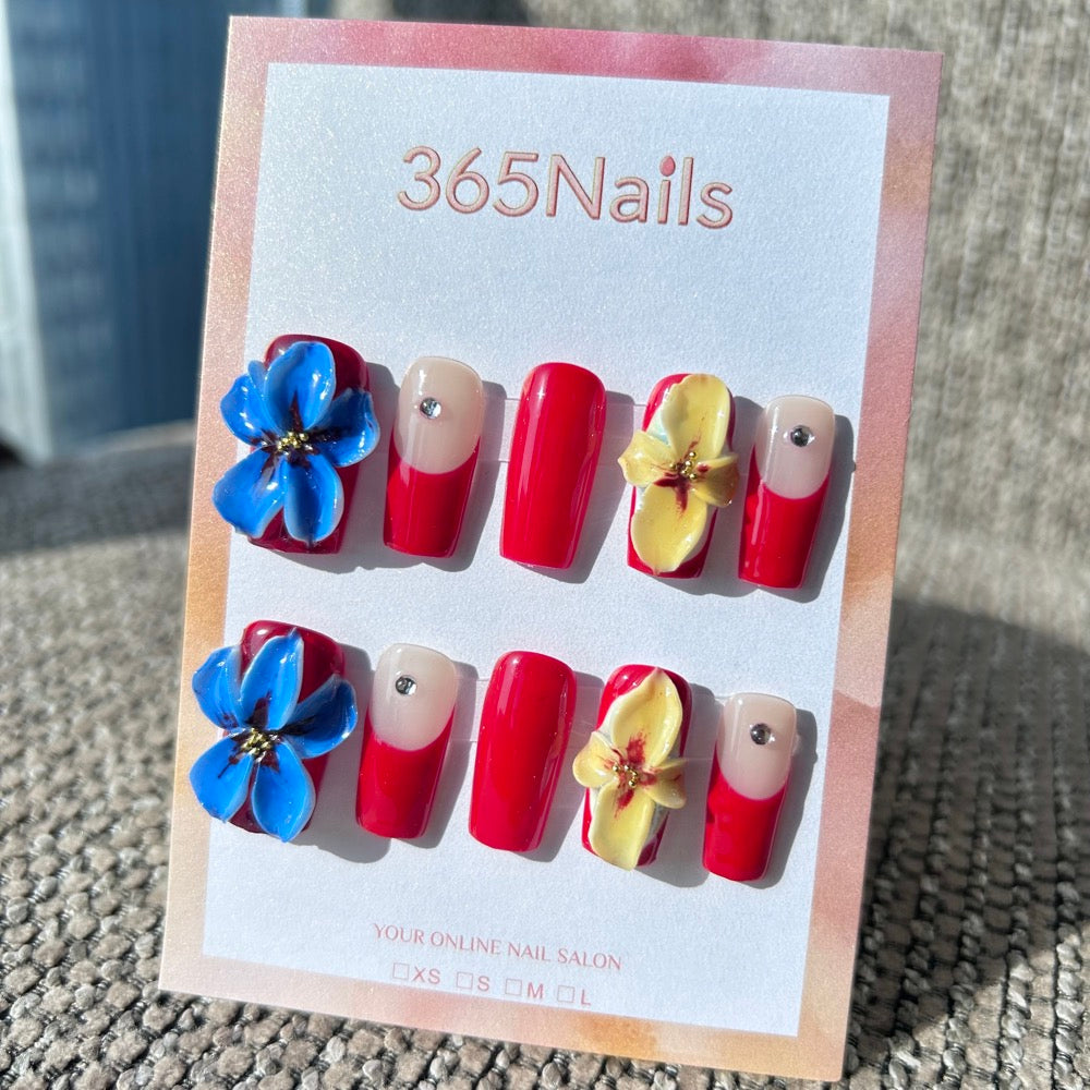 Sculpted Flora: "Primary Bloom Pop" – 3D Blue & Yellow Flowers on Bold Red French Square Nails