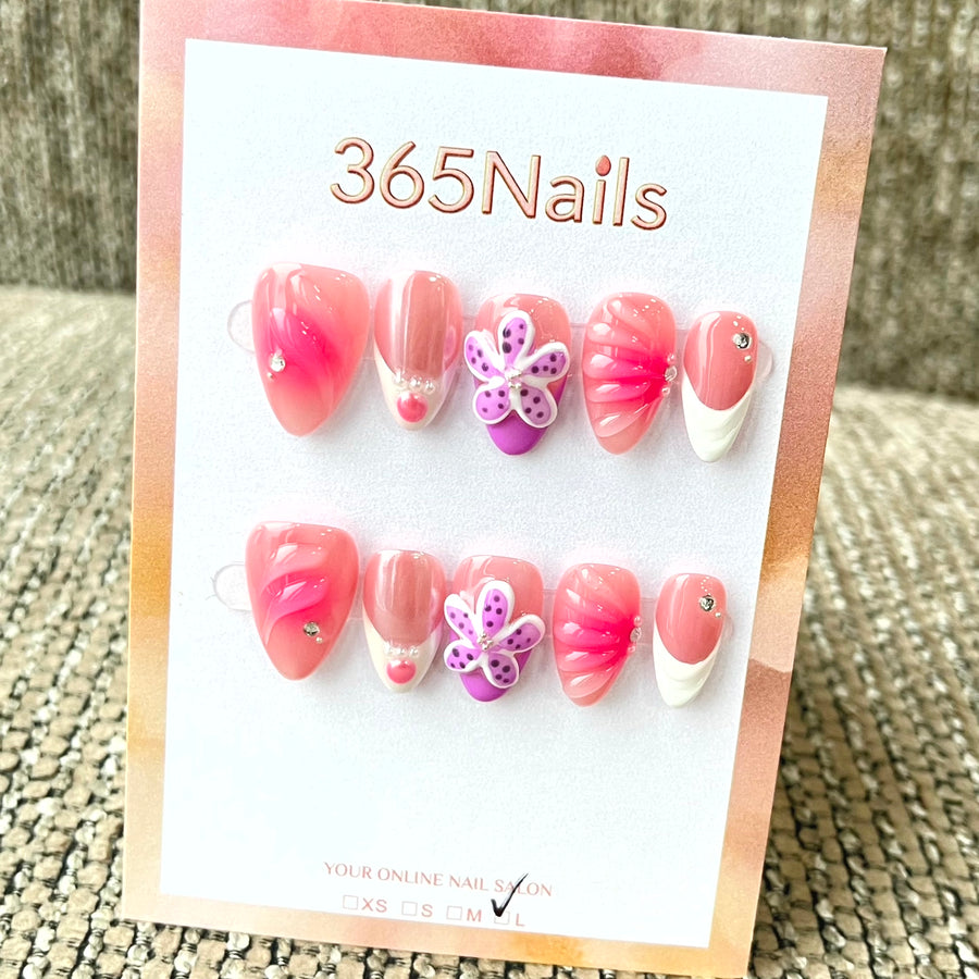 365nails: "Sweet Whispers" – 3D Floral & French Tip Handmade Almond Nails