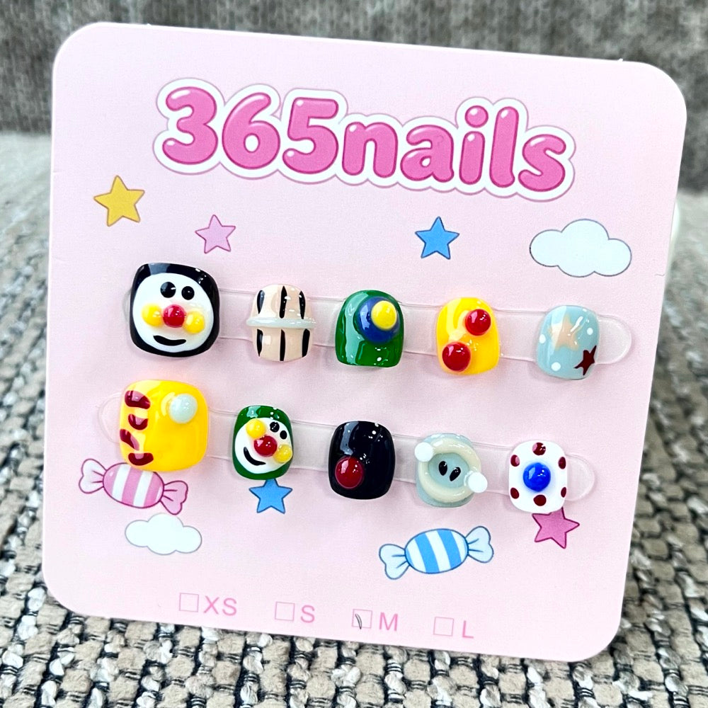 365nails: "Cartoon Circus" – 3D Character & Stripes Handmade Short Square Nails