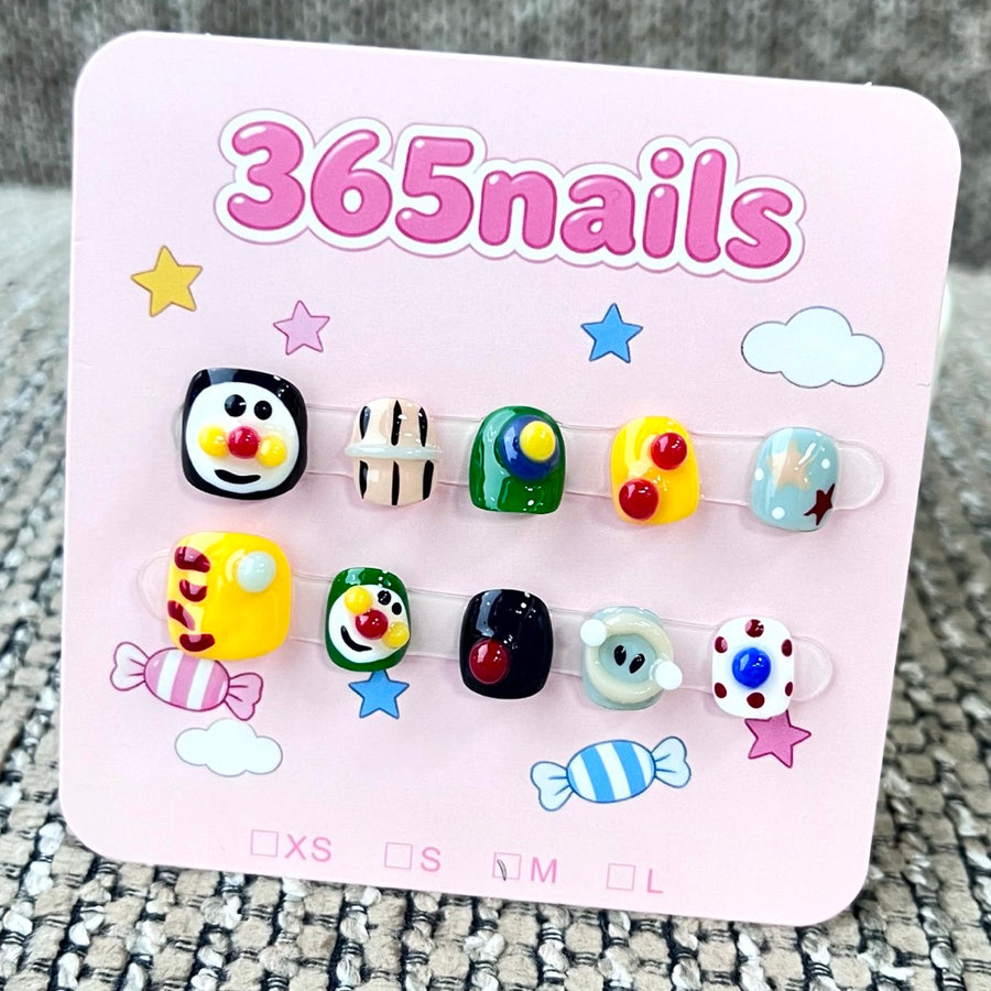 365nails: "Cartoon Circus" – 3D Character & Stripes Handmade Short Square Nails