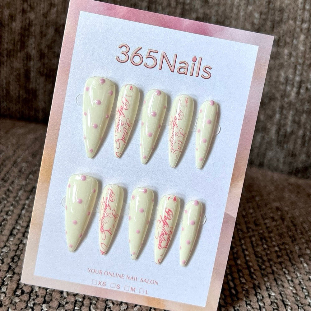 Lemon Script - Pastel Yellow Pink Dot Press-On Nails