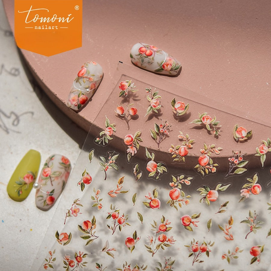 Adesivos de Unha Flor de Pessegueiro e Frutas – Conjunto Botânico Primavera 5D em Relevo