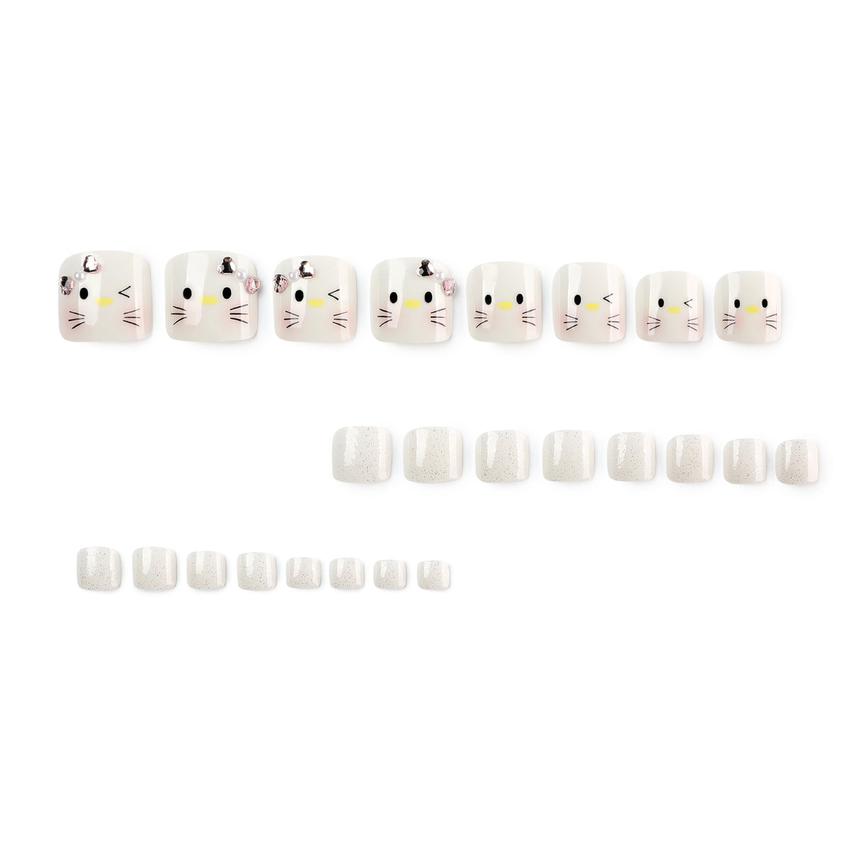 Set of 24 press-on toenails with cat-face designs and silver glitter accent nails.