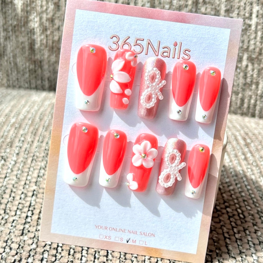 365nails: "Coral French Bloom" – Handmade Medium Square Press-On Nails