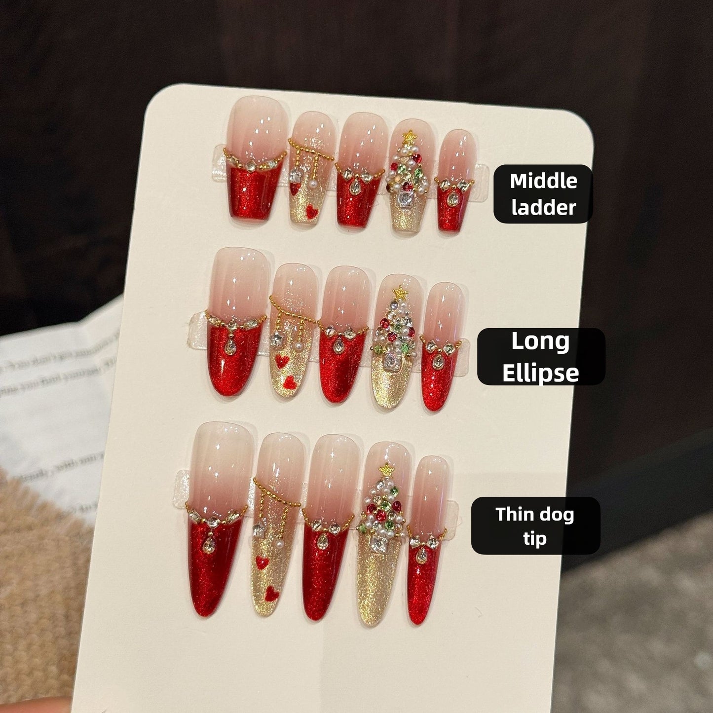 Festive Red Gold Rhinestone Gradient Christmas Press On Nails