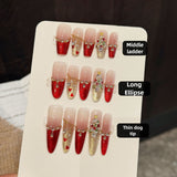 Festive Red Gold Rhinestone Gradient Christmas Press On Nails