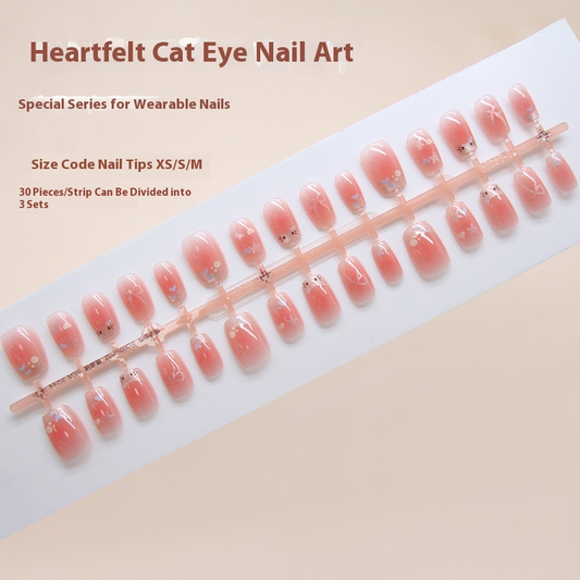 Pontas de unhas pré-fabricadas Linhas de unhas Cat Love Cat Eye Blush francês Laço Sweet Star Wear unhas 30 peças ｜ 365 unhas