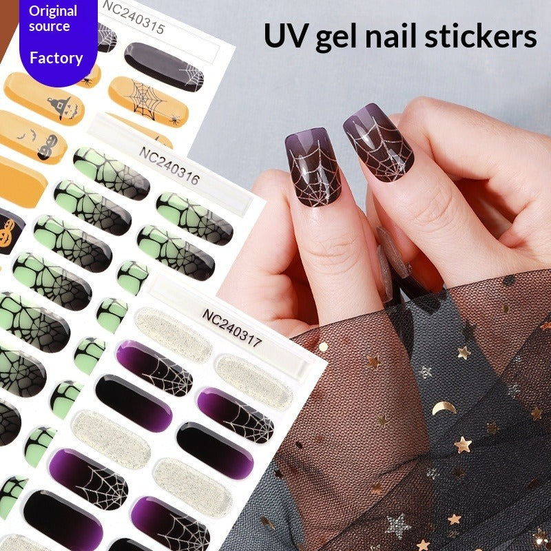 Semi-Cured Gel Nail Strips Halloween Pumpkin Glitter Design (MOQ=3)