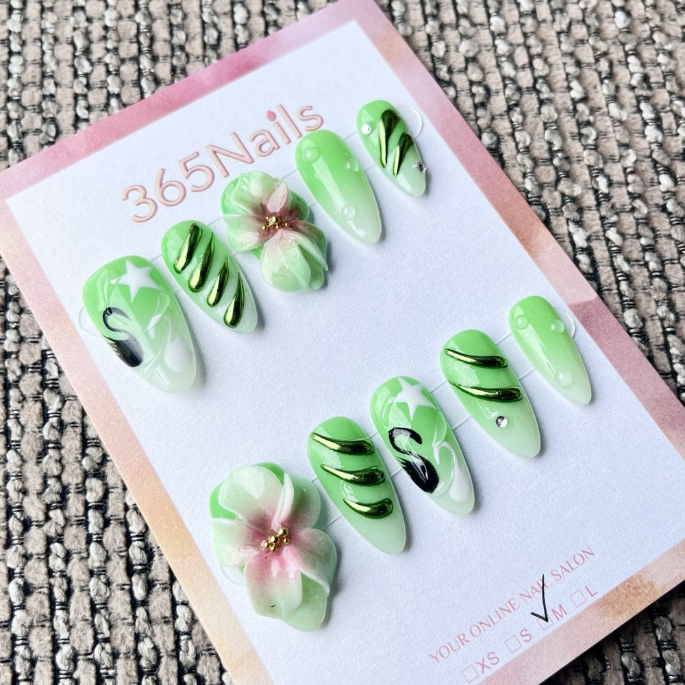 365nails: "Jungle Rhythm" – 3D Floral Handmade Almond Nails
