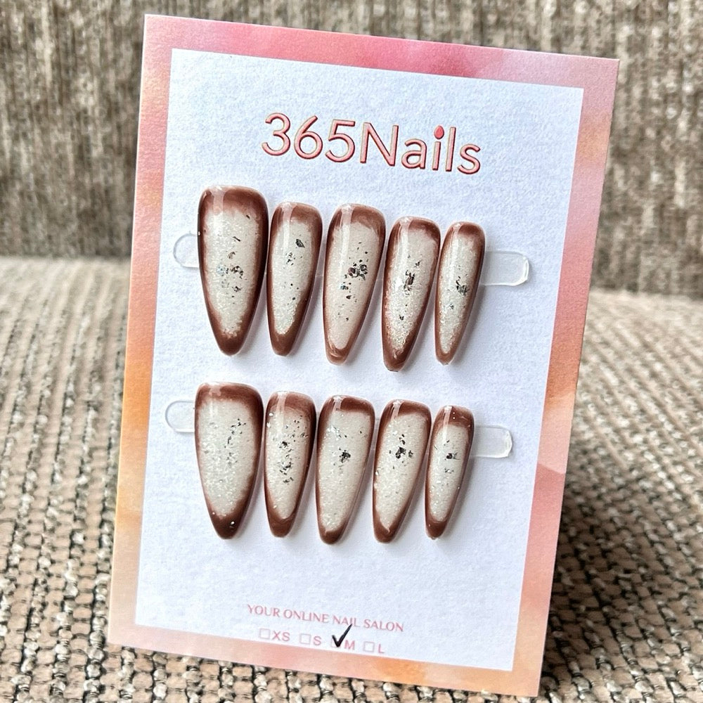 365nails 모카 쉬머 옴브레 — 브라운·실버 포일 옴브레 수제 스틸레토형 네일