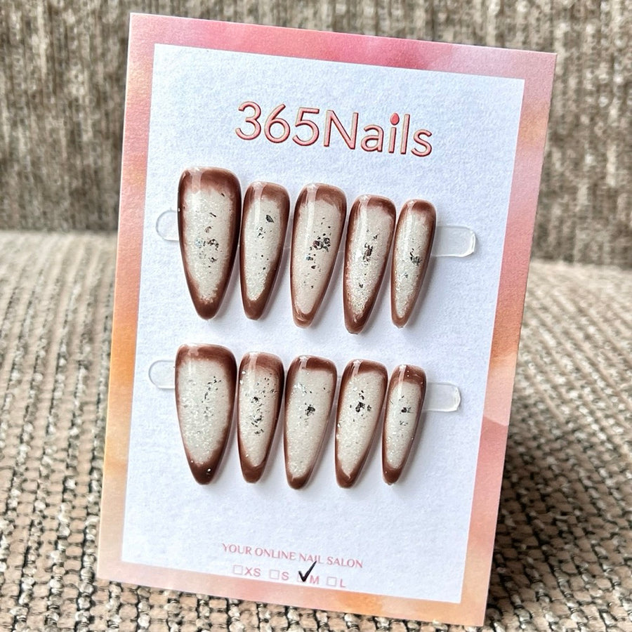 365nails: "Mocha Shimmer Ombre" – Brown & Silver Foil Ombre Handmade Stiletto Nails