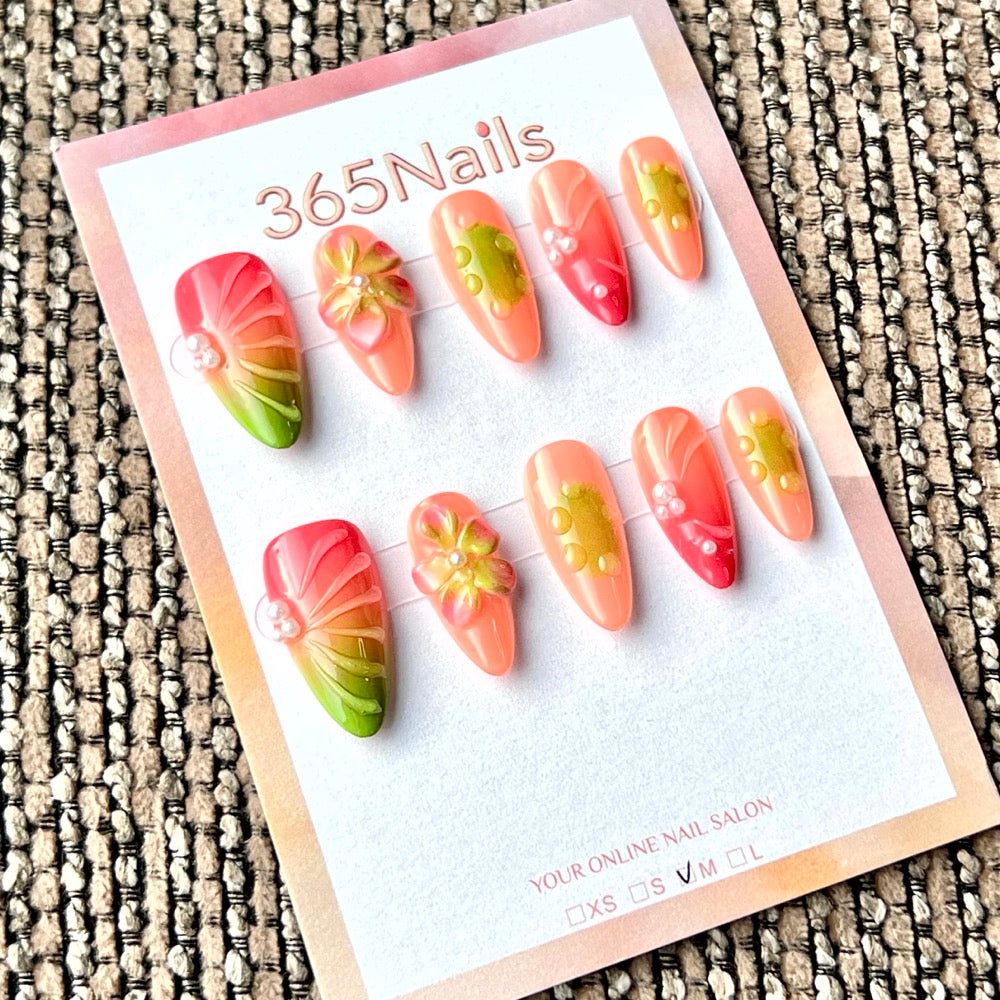 Dégradé floral coucher de soleil — ongles faits main ultra-doux à ajustement flexible — vente en gros (MOQ=100)