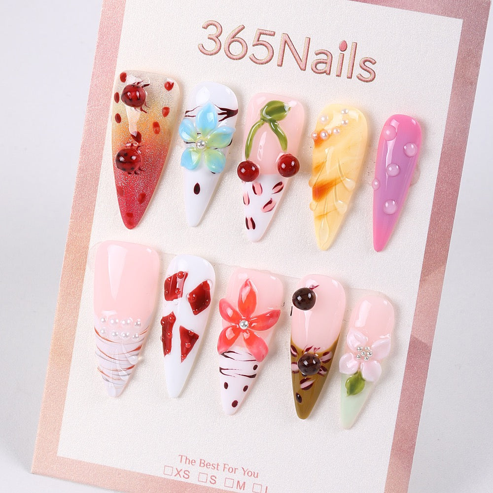 365Nails Fruity Blossom 3D Hand‑Painted Long Tips
