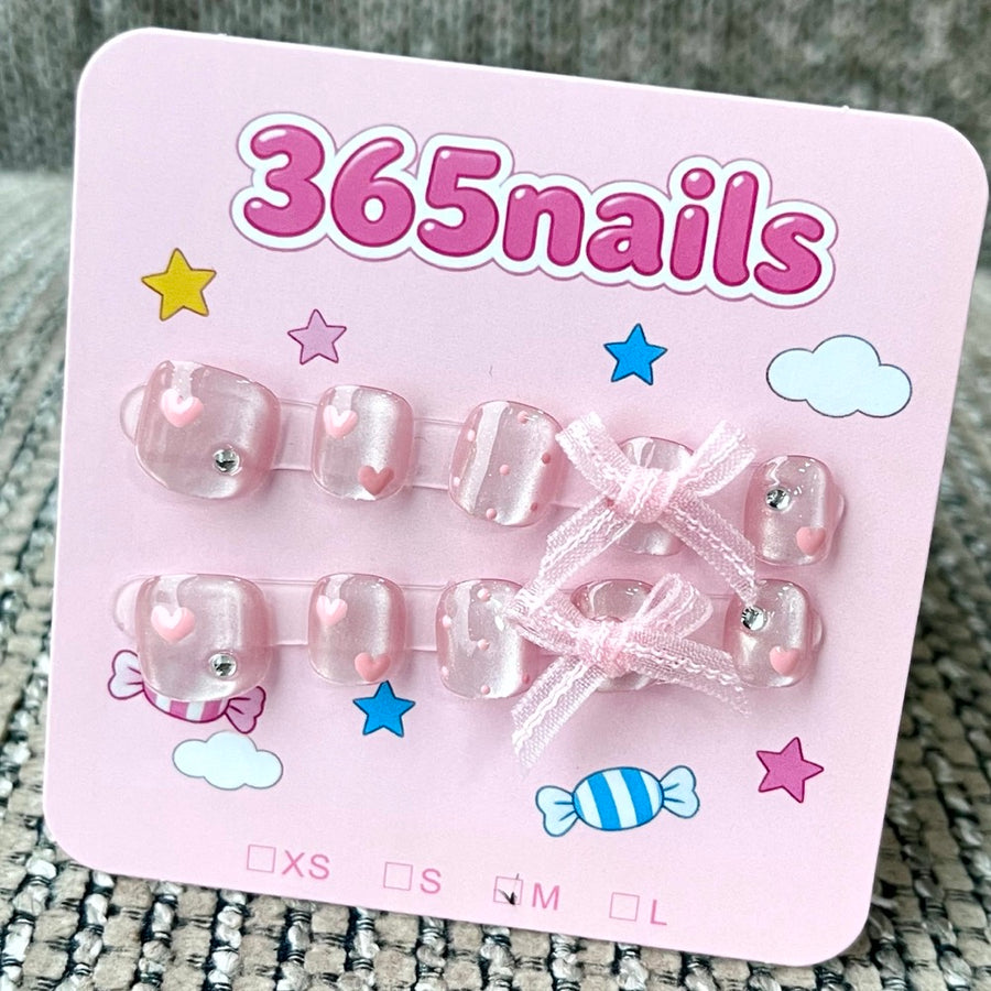 365nails: "Pink Ribbon Fantasy" – 3D Bow & Heart Handmade Short Square Nails