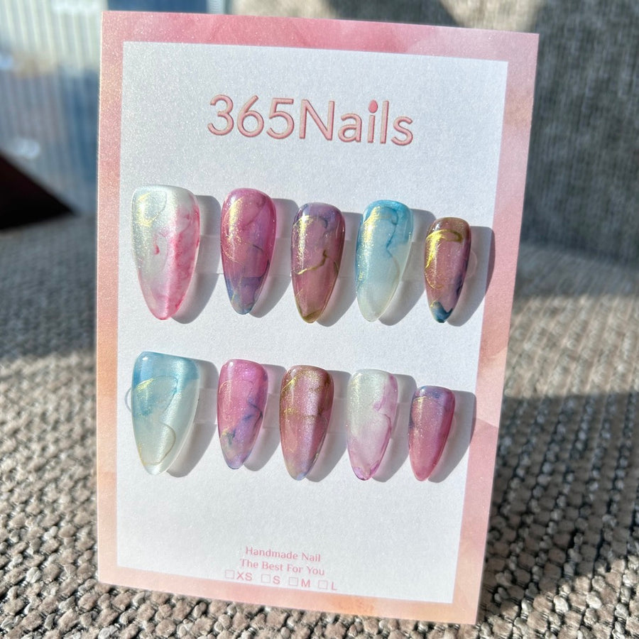 Galactic Dream & Aurora Unicorn Multi-Color Pink Purple Blue Swirl Gold Line Nails ｜ Handmade Smudge Series(moq=30)