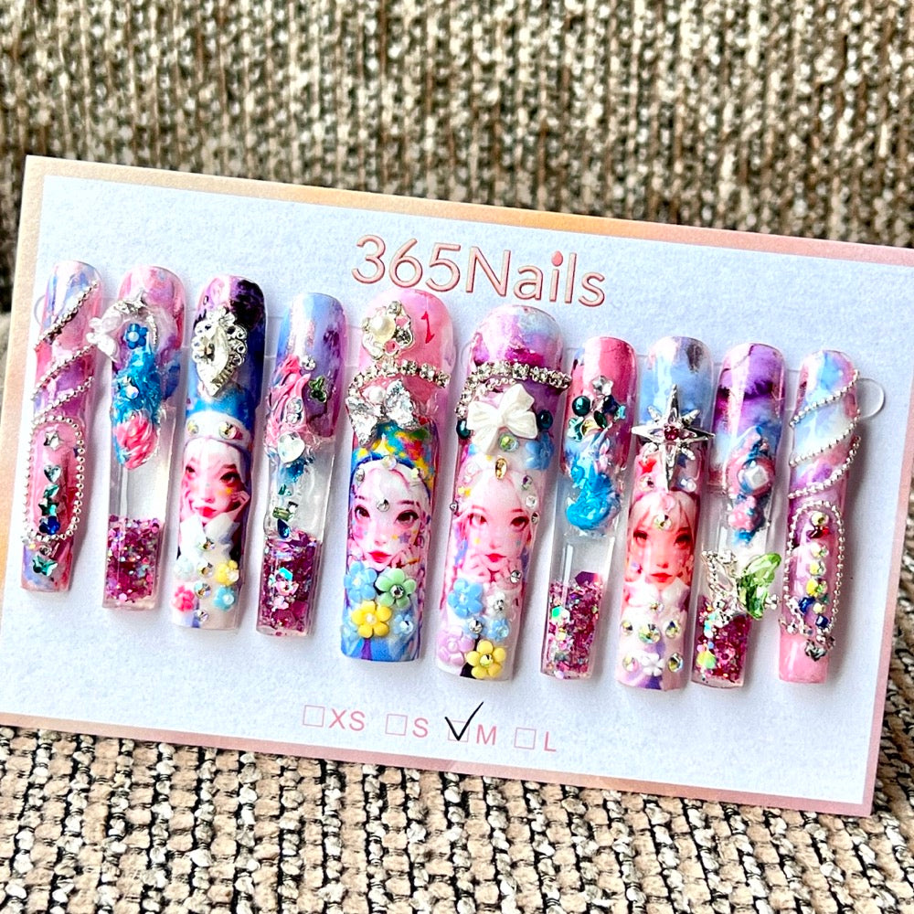 365nails: "Pastel Unicorn Princess" – Handmade Floral Liquid Motion Press-On Long Pipe Nails-5.5cm