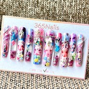 365nails: "Pastel Unicorn Princess" – Handmade Floral Liquid Motion Press-On Long Pipe Nails-5.5cm
