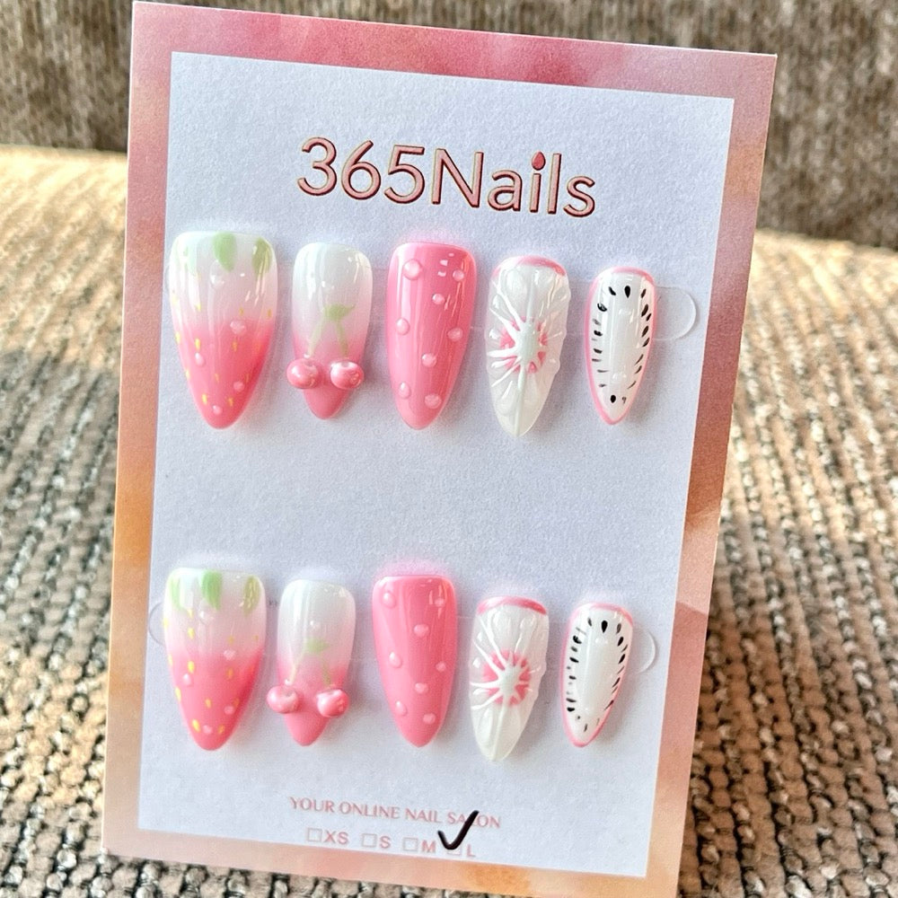 365nails: "Pink Fruit Mix 3D" – Handmade Medium Stiletto Press-On Nails