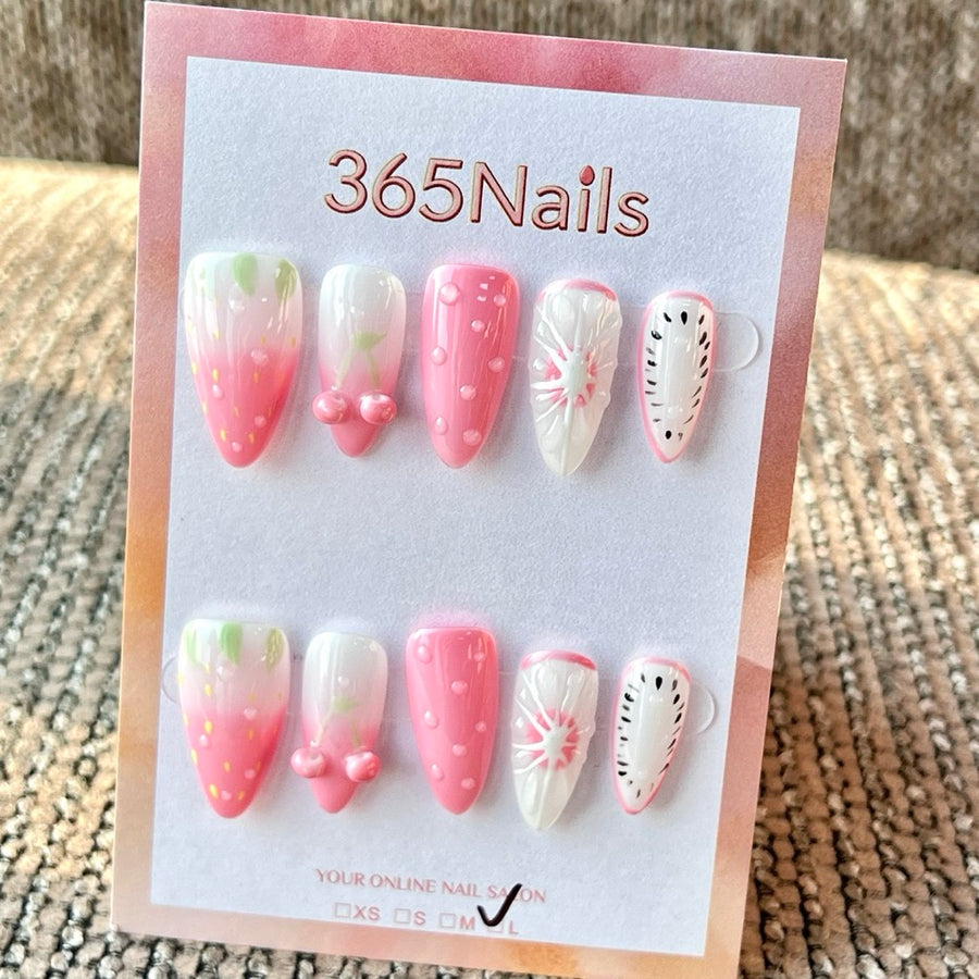 365nails "핑크 과일 믹스 3D" 수제 미디엄 스틸레토형 프레스온 네일