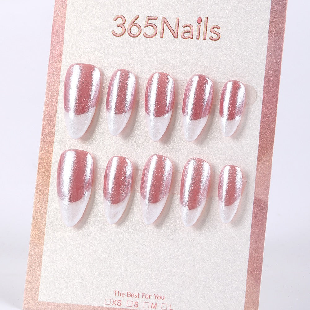 365nails rosy nude base with silver mirror french almond press-ons