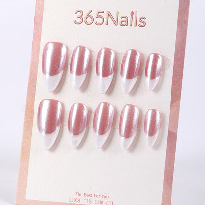 365nails rosy nude base with silver mirror french almond press-ons