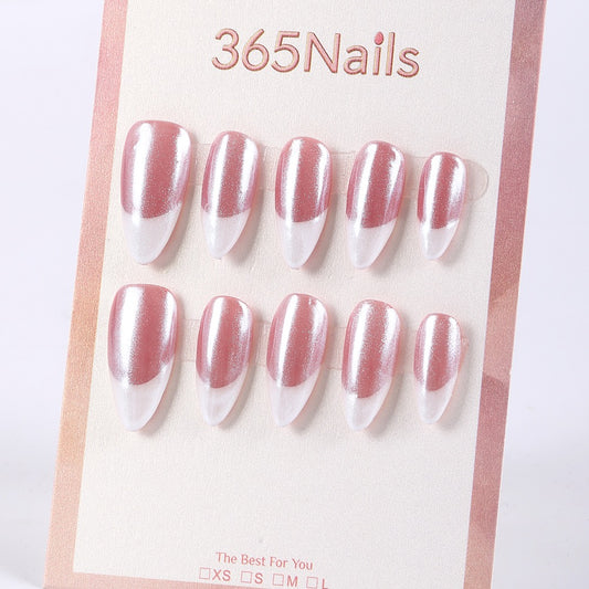 365nails rosy nude base with silver mirror french almond press-ons