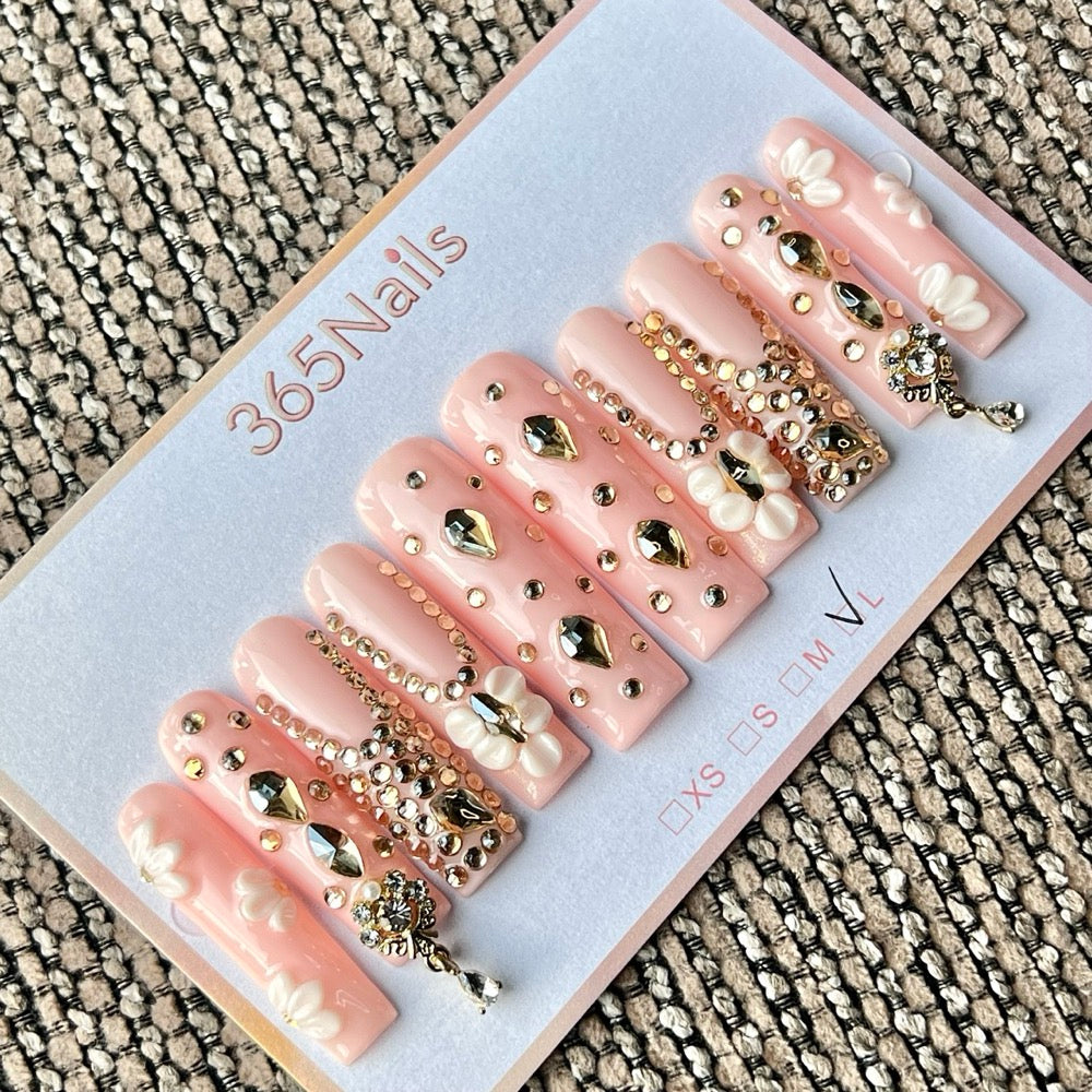 365nails: "Pink Gold Flower Rhinestone Long" – Handmade Long Trapezoid Press-On Nails