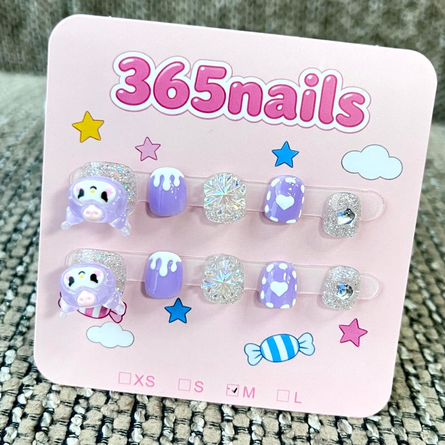 365nails: "Purple Galaxy Friends" – 3D Character Handmade Short Nails