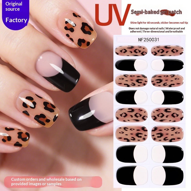 Semi-Cured Gel Nail Strips French Leopard Floral Glossy Design (MOQ=3)