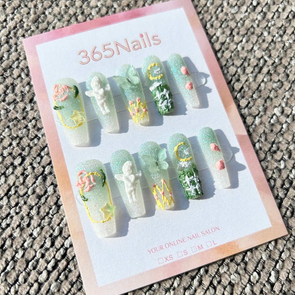 Sweet & Dopamine: "Cupid's Secret Garden" – Glitter Mint Green, 3D Angel, Butterfly, Oil Painting Floral & Castle Press-on Nails