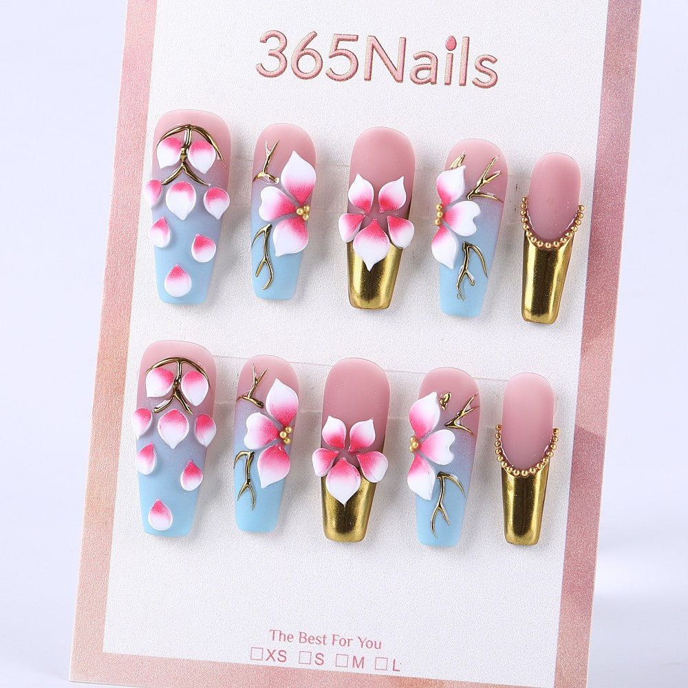 Misty pinkish blue gradient × 3D floral metallic French style mid-length square press on nail