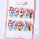 Misty pinkish blue gradient × 3D floral metallic French style mid-length square press on nail