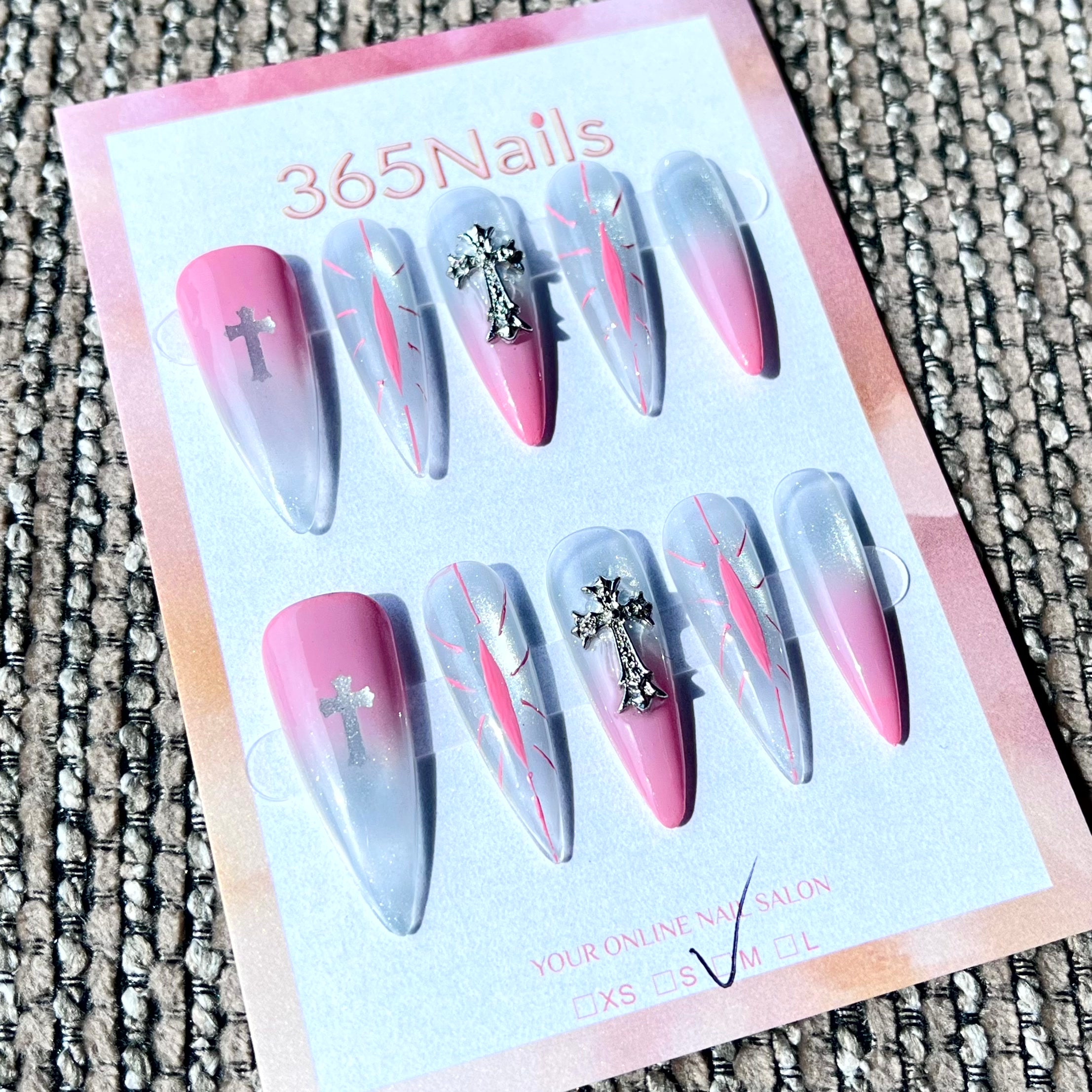 365nails: "Pink Ombre Cross Stiletto" – Handmade Long Sharp Stiletto Nails