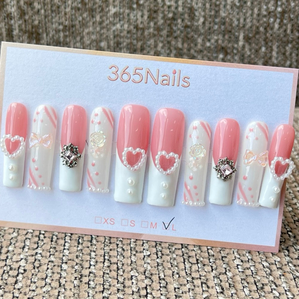 365nails: "Sweetheart's Reverie" – 3D 하트 레이스 수제 프레스온 네일 롱 코핀형