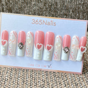 365nails: "Sweetheart's Reverie" – 3D 하트 레이스 수제 프레스온 네일 롱 코핀형