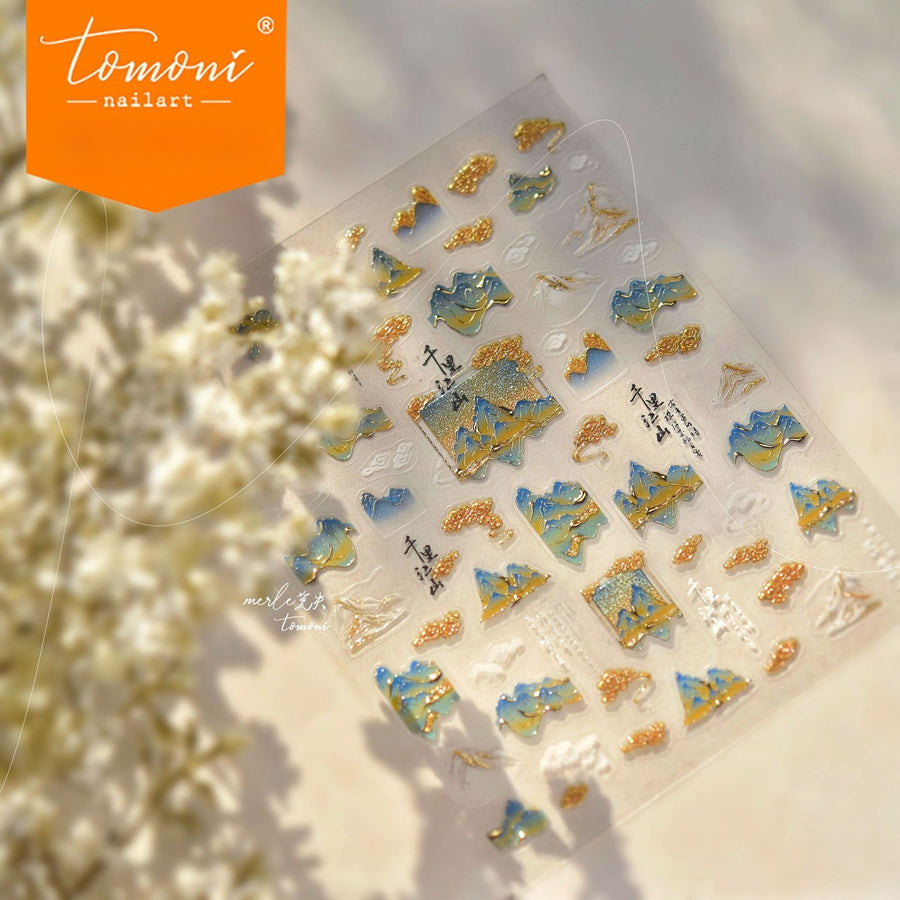 Thousand Li Mountains Collection: "Holographic Mountains & Clouds" – 3D Embossed Nail Sticker