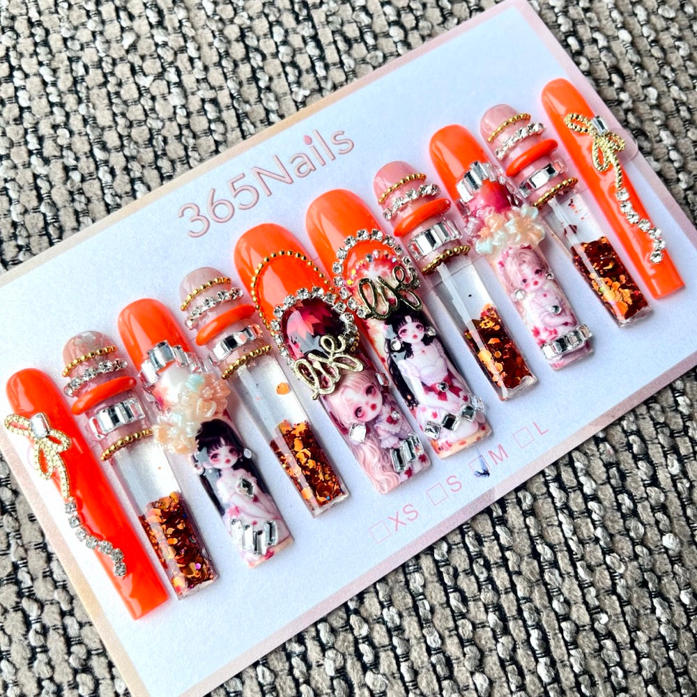 365nails: "Crimson Geisha" – 3D Character Art Handmade Coffin Nails-5.5cm