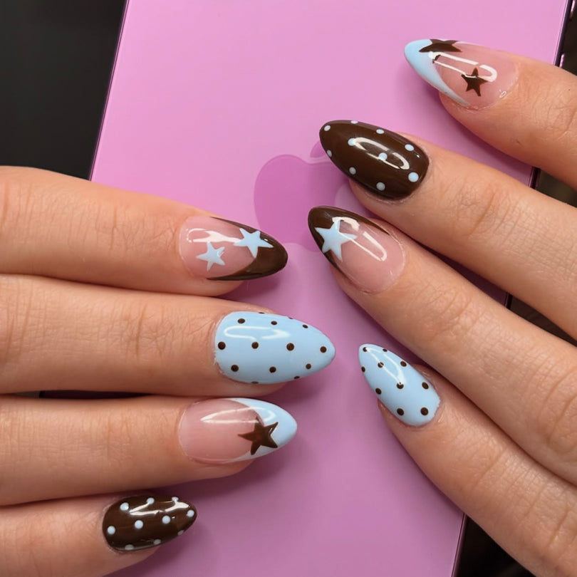 French Animal Print Glossy Brown Almond Short Press On Nails – Design 12