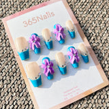 Sculpted Flora: "Blue Iris & French Crystal" – 3D Purple Iris Flowers on Bright Blue French Tip Coffin Nails