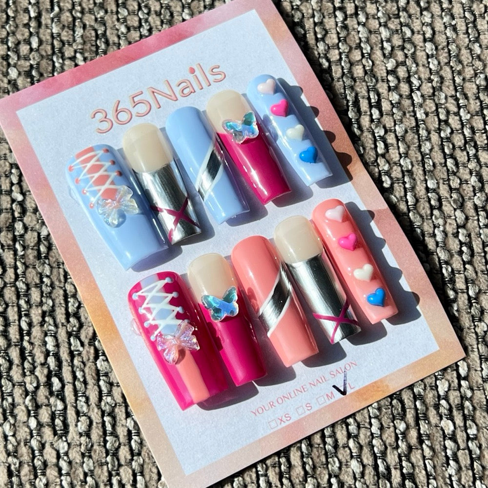 365nails: "滑板甜心" – 3D 綁帶與愛心 手工製 穿戴甲 長款 棺材形