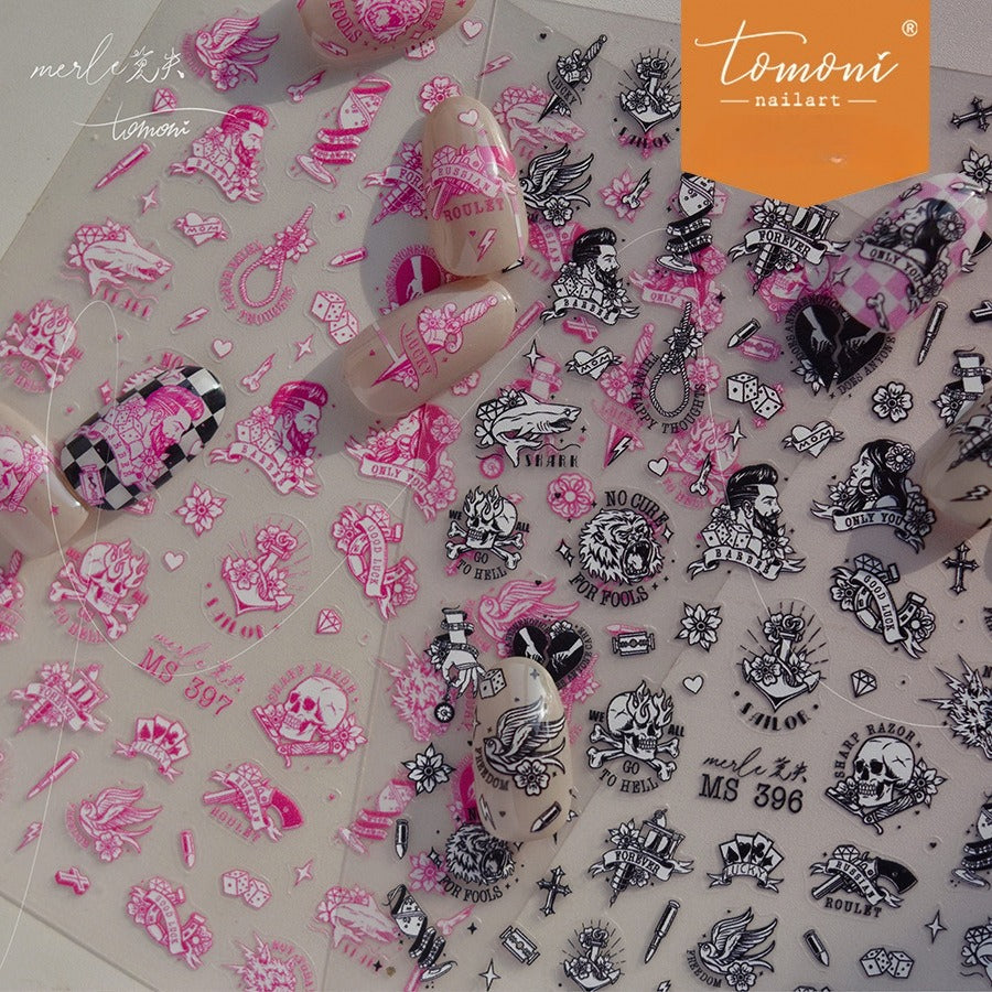 Gothic Skull & Gem Nail Stickers – 5D Embossed Dark Luxury Set