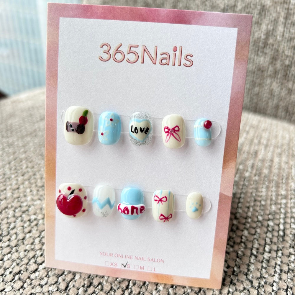 Cartoon & Dopamine: "Sweetheart Cherry" – 3D Juicy Cherry, Bows & Hand-Drawn Graffiti Short Nails