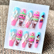 365nails: "Candy Water Lily" – Handmade Liquid Motion Press-On Medium Square Nails-3.5cm