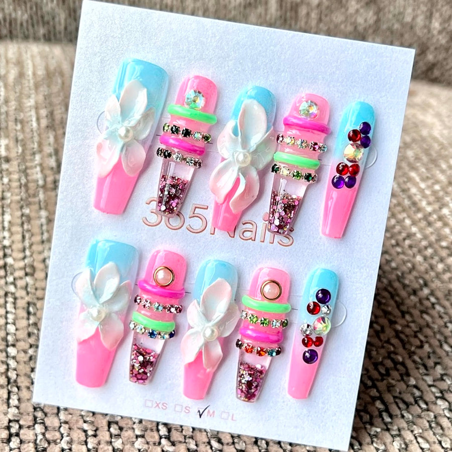 365nails: "Candy Water Lily" 수제 리퀴드 모션 프레스온 네일 미디엄 스퀘어형 - 3.5cm