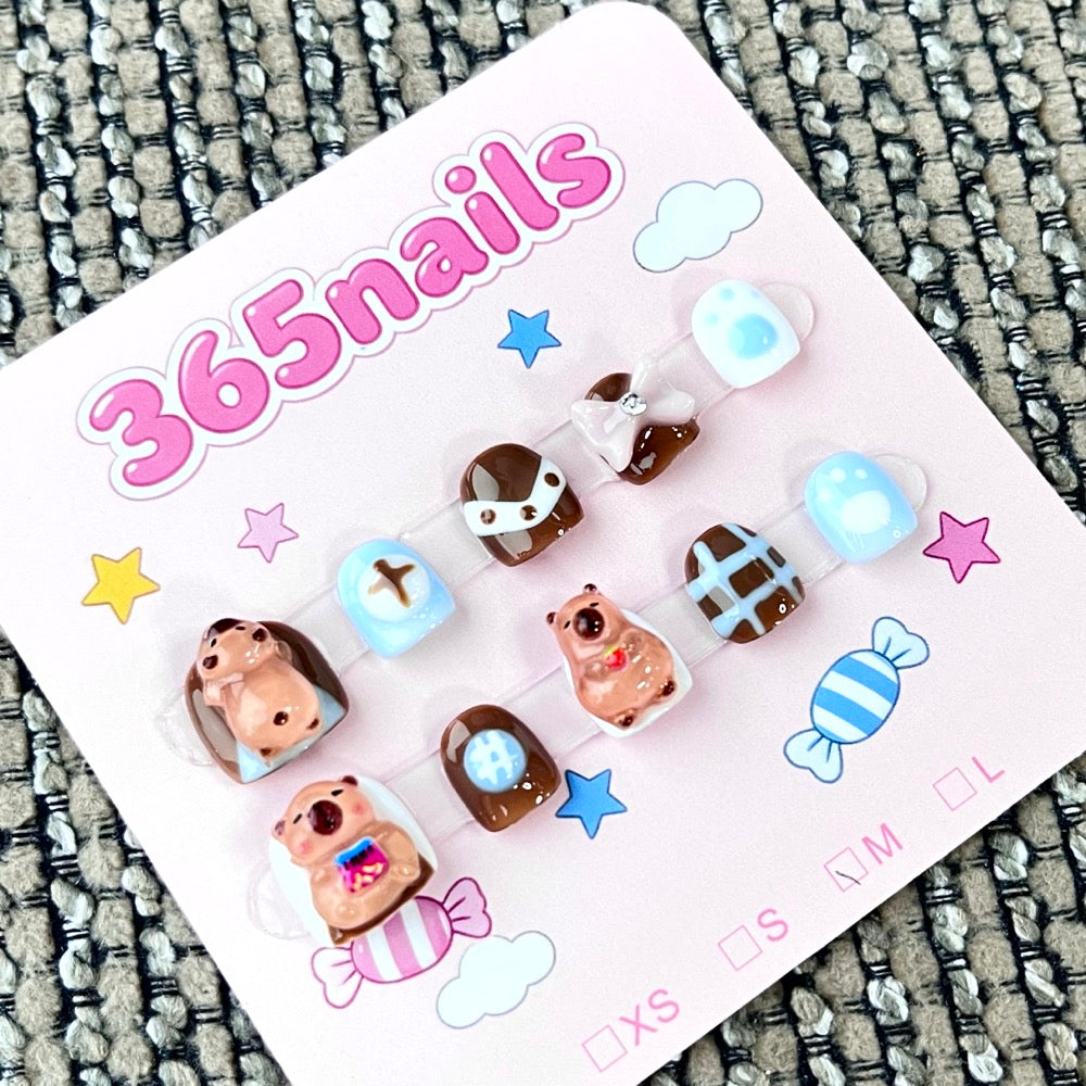 365nails: "Cozy Cocoa Pals" – 3D Animal & Bow Handmade Short Square Nails