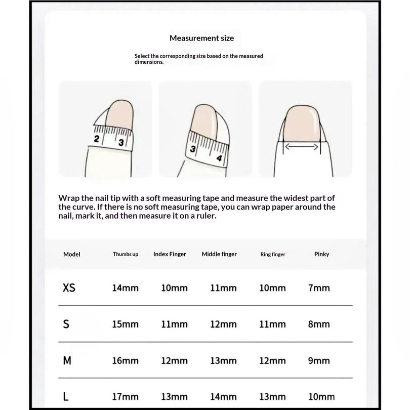 Press on nails size guide: nail width in mm for XS, S, M and L