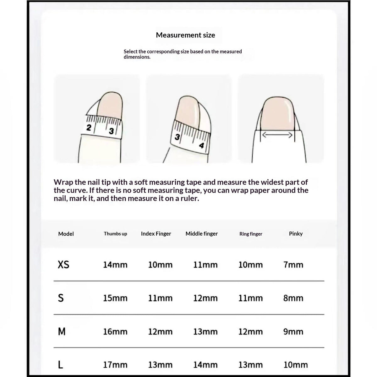 Press on nails size guide: nail width in mm for XS, S, M and L